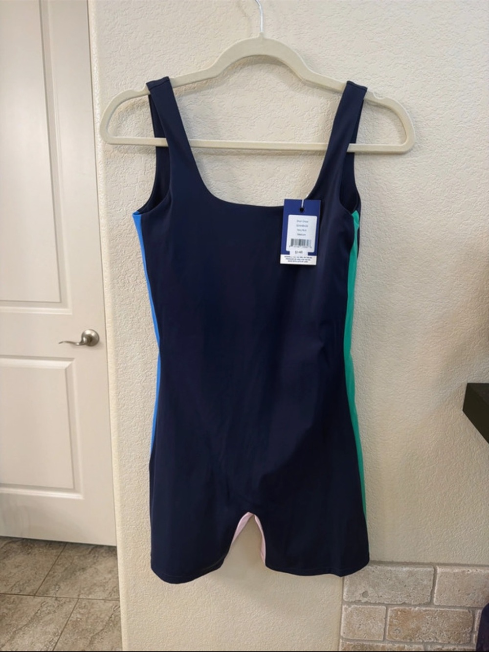 Addison Bay Women’s Navy Romper with Blue & Teal Side Panels